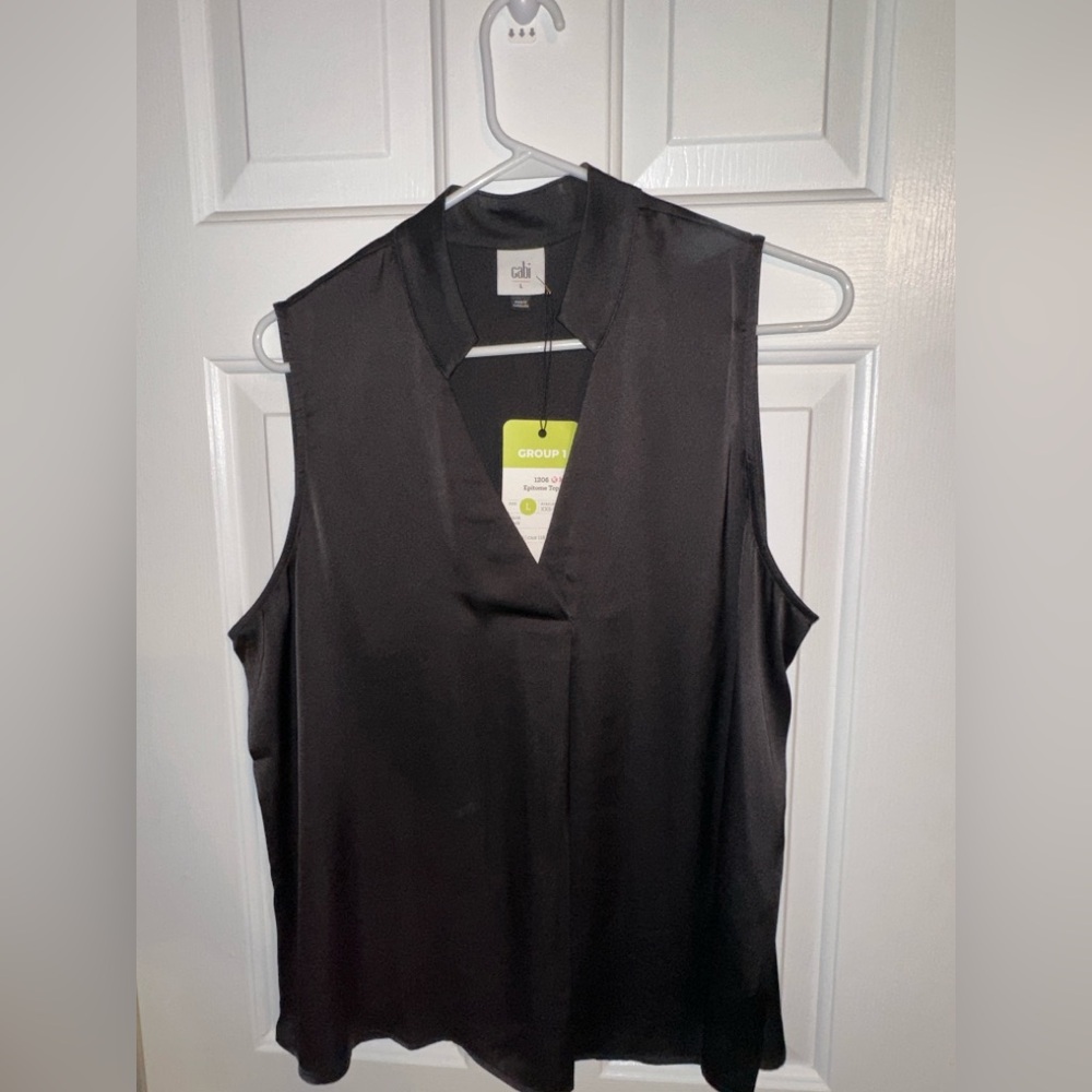 CAbi Black Satin V-Neck Top